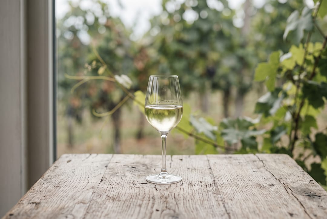 Ein Glas Weißwein auf altem Holztisch, Reben im Hintergrund