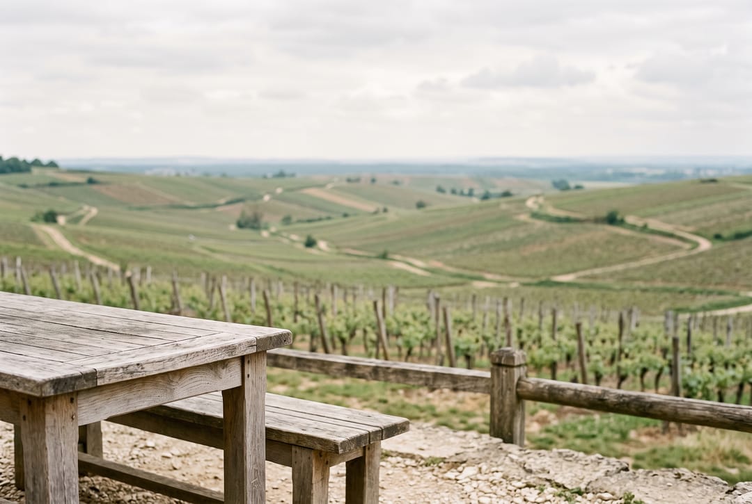 Verwitterter Holztisch im Gastgarten, dahinter die weite Rebenlandschaft